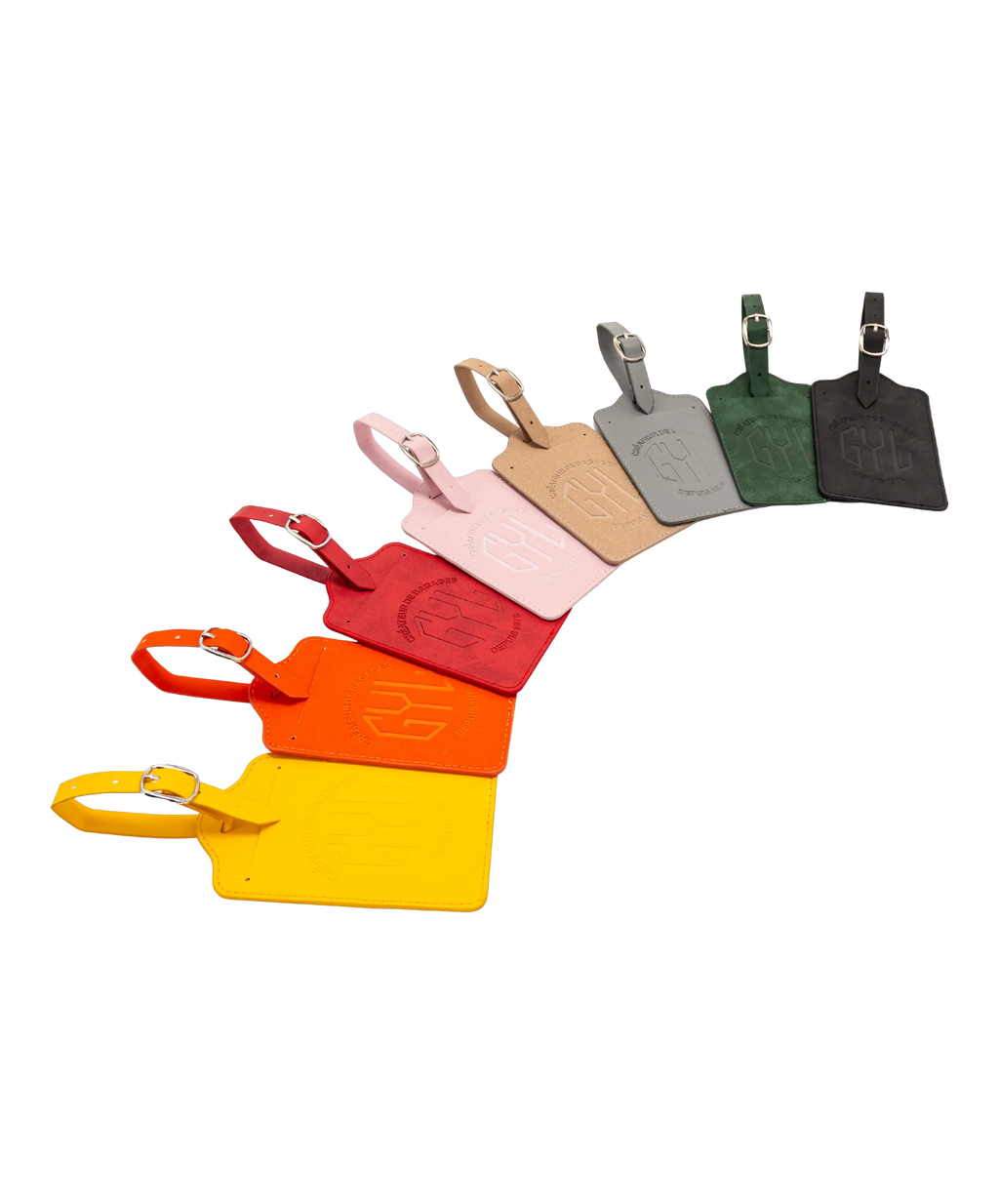 GYL luggage tag in synthetic leather 8 colors presented in a transparent background fan