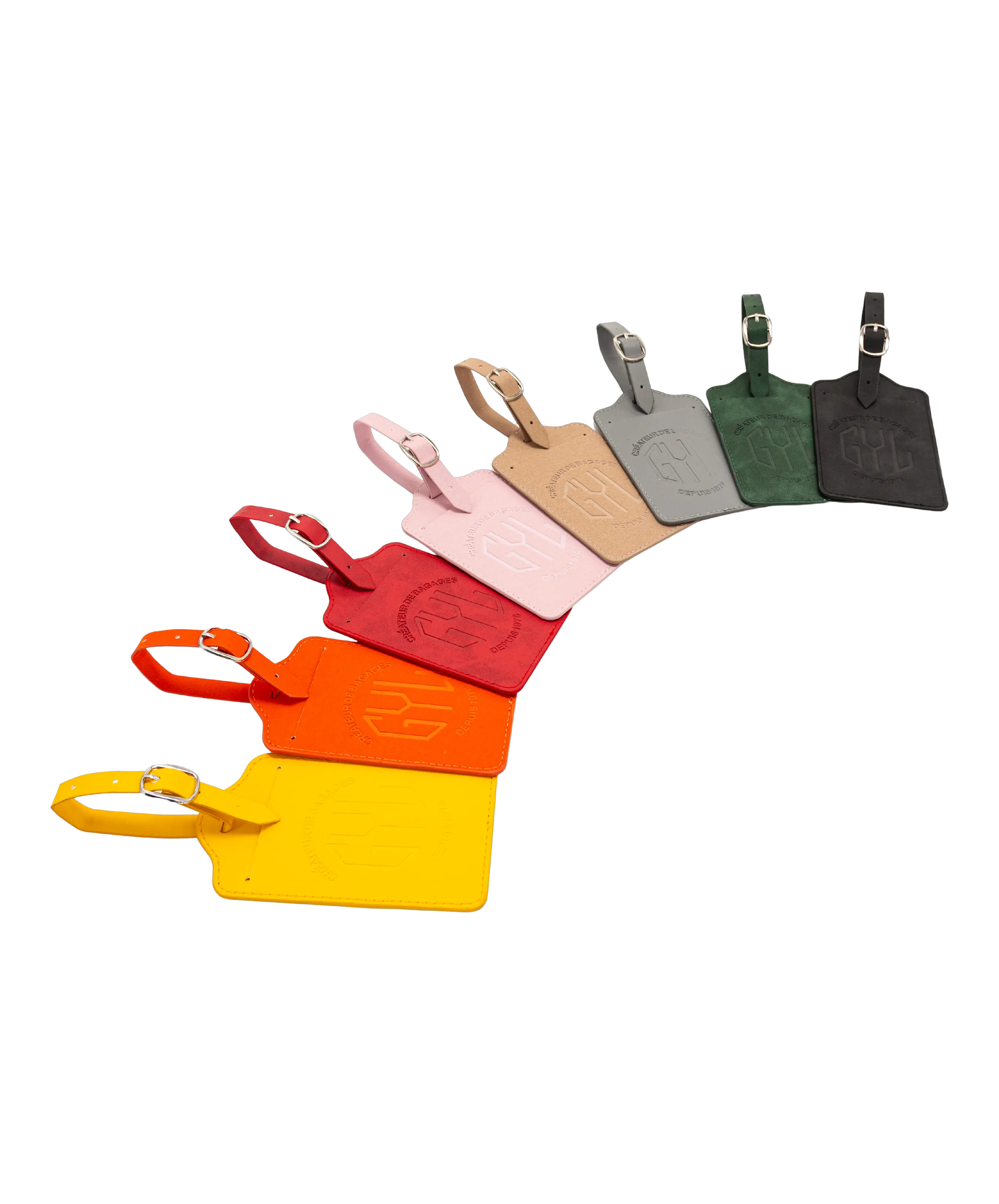 GYL luggage tag in synthetic leather 8 colors presented in a transparent background fan