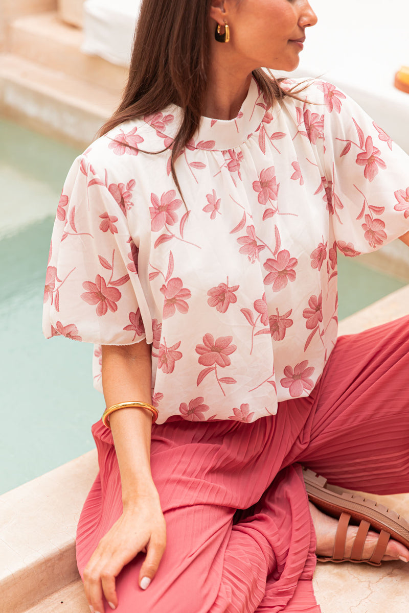 ÉZIA Rose/Blanc - Blouse Fleurie