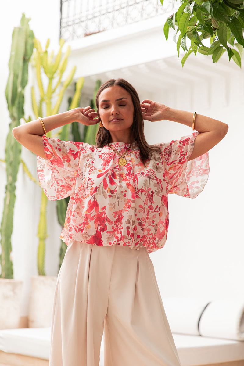 ÉZIA Rouge/Blanc - Blouse Fleurie