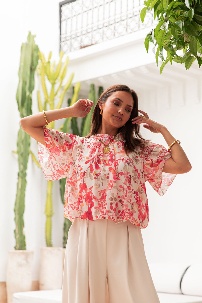 ÉZIA Rouge/Blanc - Blouse Fleurie