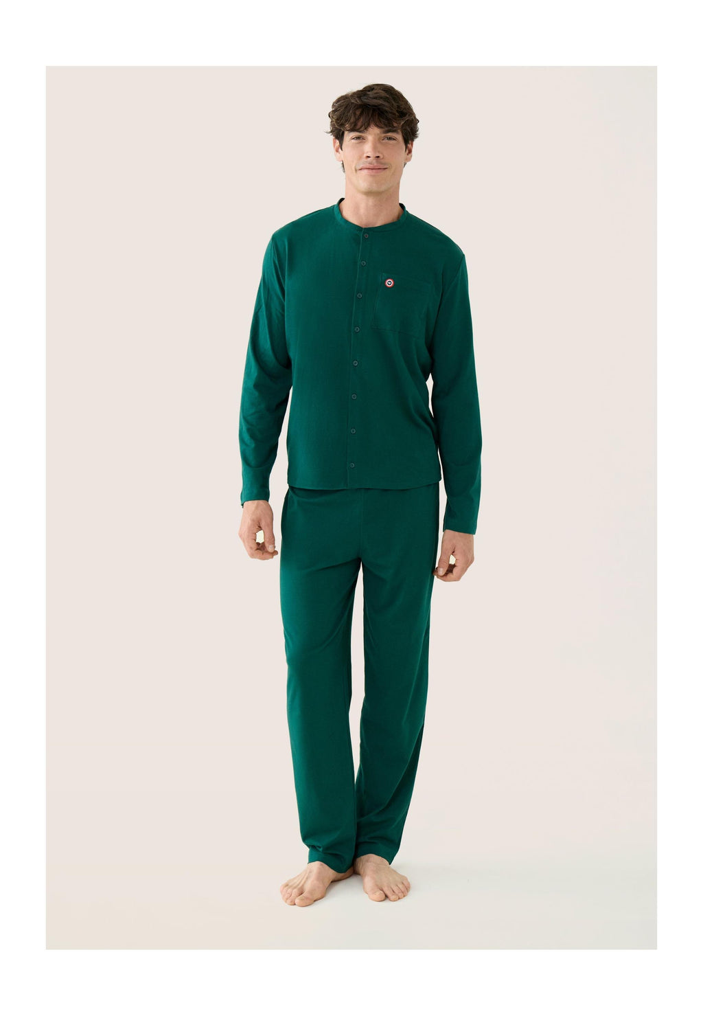 Conjunto de Pijama Hugo de Manga Larga y Pantalón Largo Liso de Algodón - Verde