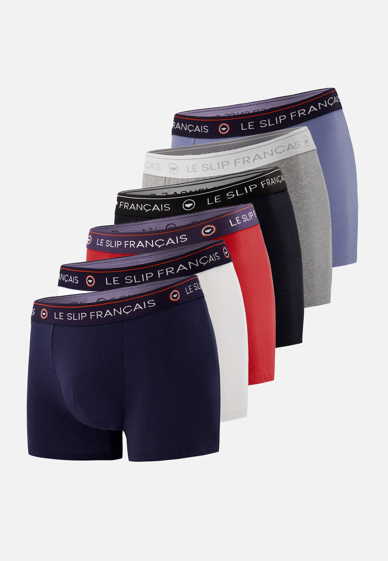Lot De 6 Boxers En Coton - Boxers Noir Blanc Bleu Foncé Rouge Gris Chiné Bleu