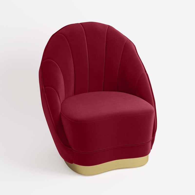 Fauteuil Betty en velours bordeaux, base cerclage or effet laiton Potiron Paris