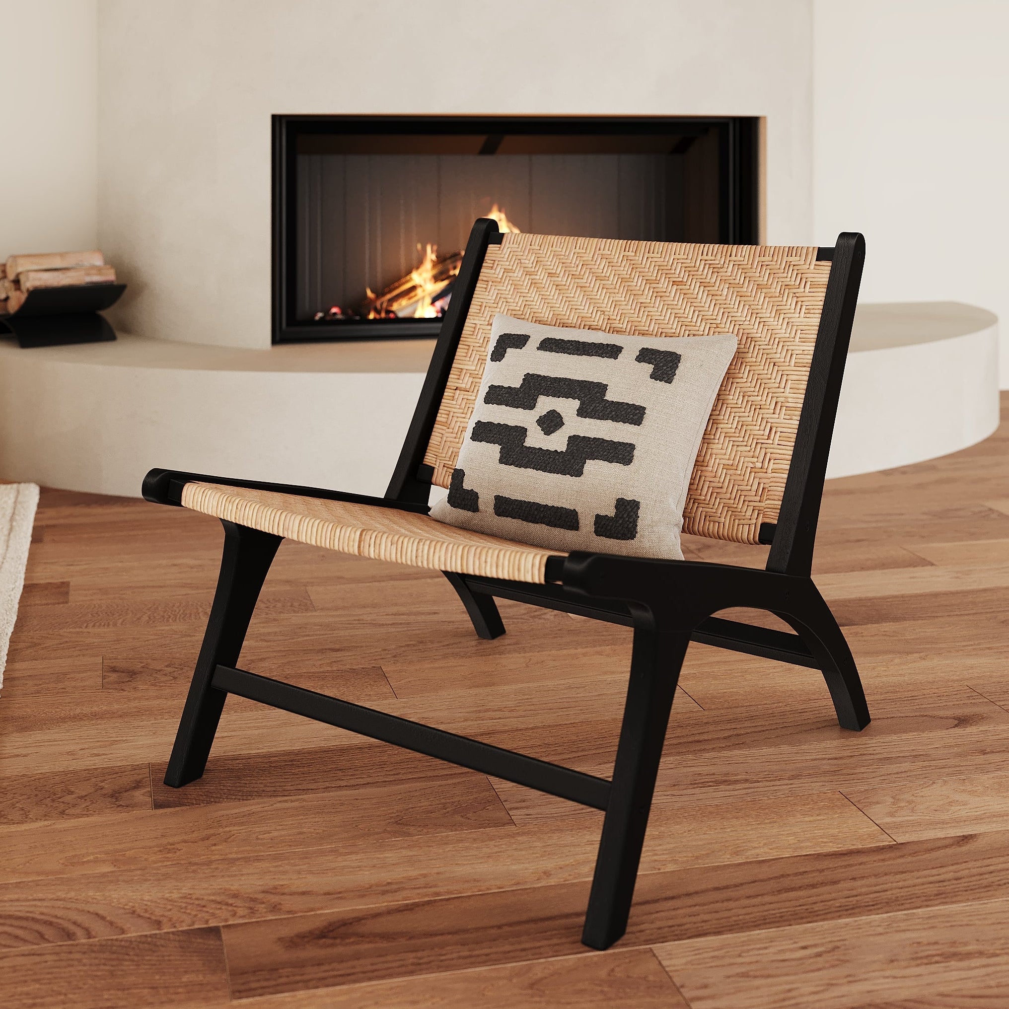 Kilka - Fauteuil En Bois De Teck Noir Et Tressage Chevron En Rotin