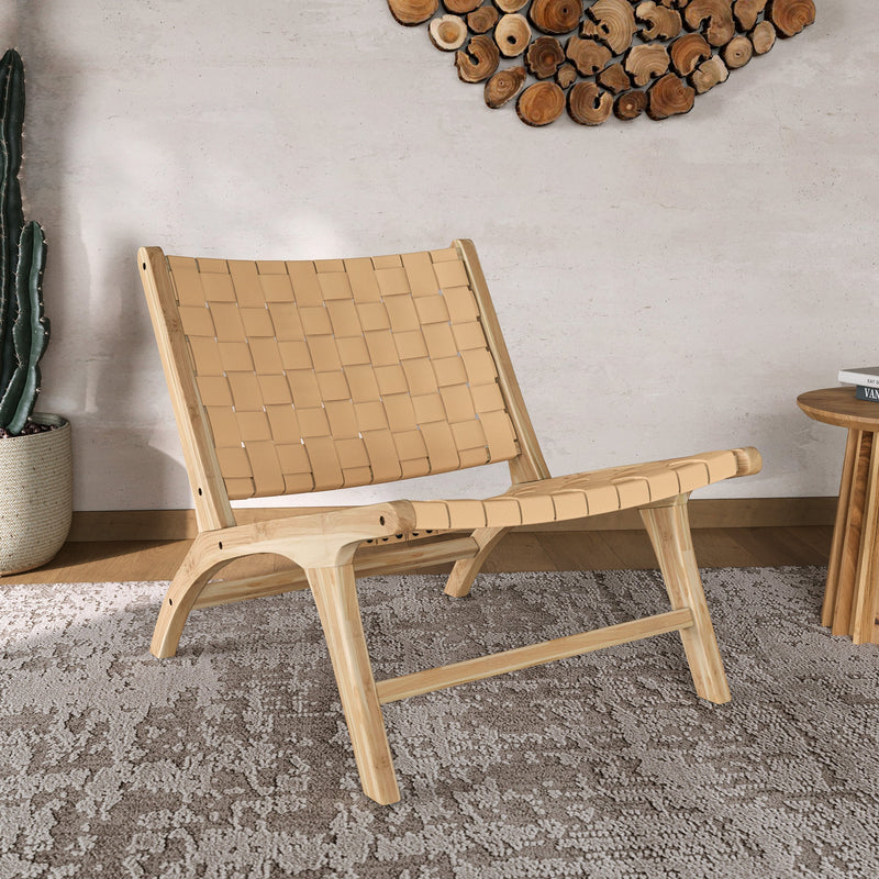 Fauteuil Kuna en teck et cuir tressé beige
