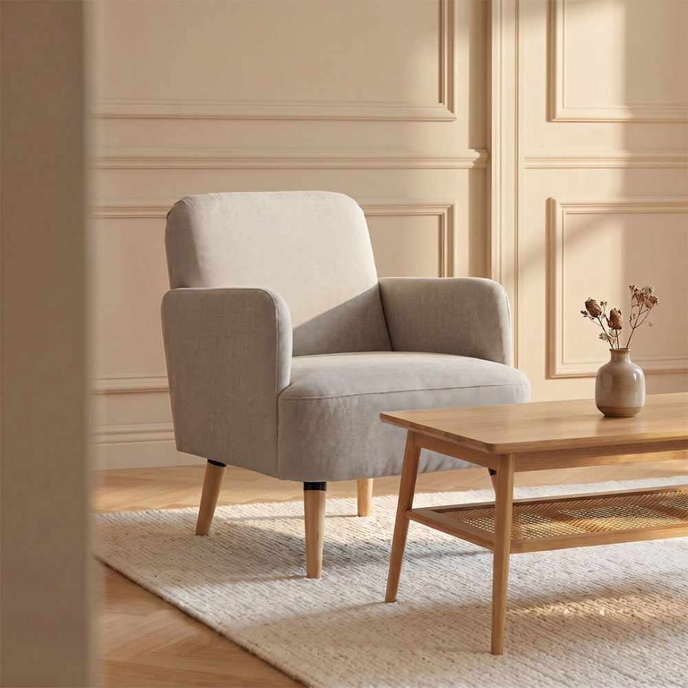 Brooks - Sillón retro - Tela, patas de madera clara - Beige
