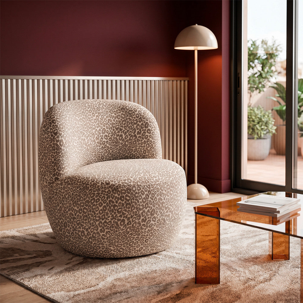 Mo - Round Armchair - Leopard-Print Fabric - Beige