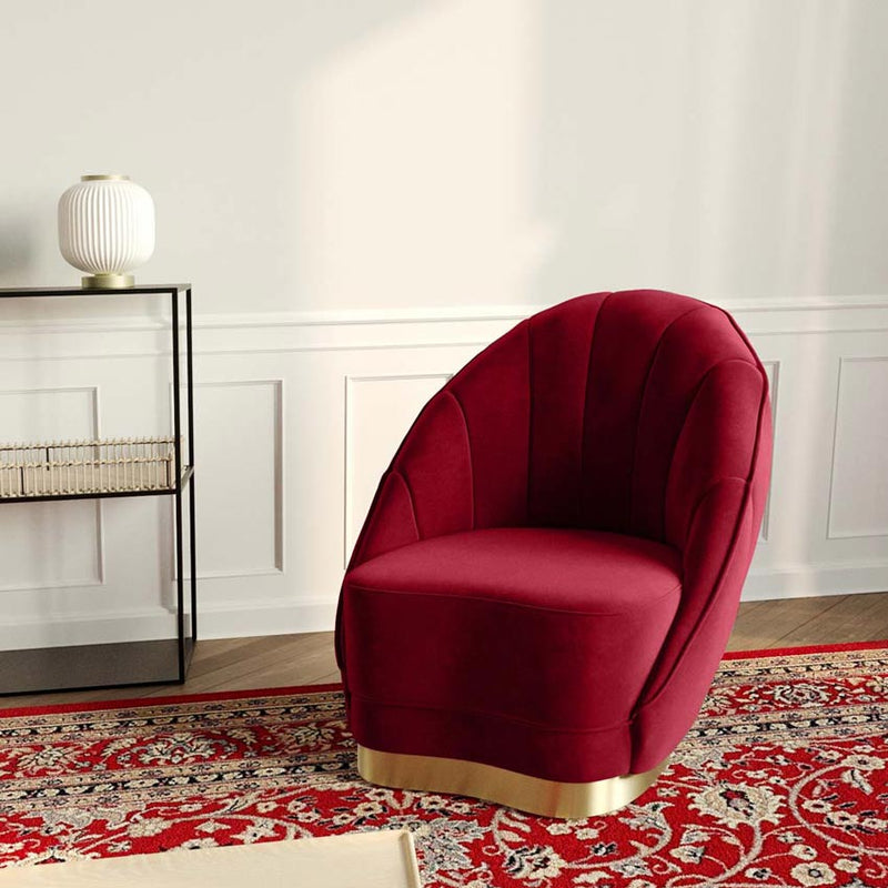 Fauteuil Betty en velours bordeaux, base cerclage or effet laiton Potiron Paris