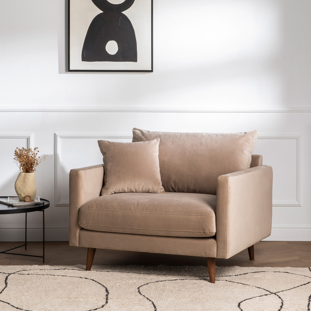 Villabon - XL Armchair - Velvet, Dark Wood Legs - Beige