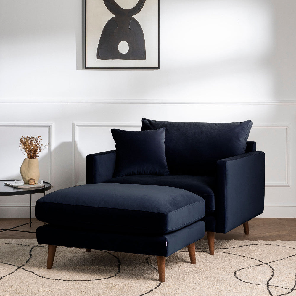 Villabon - Sillón XL - Terciopelo Patas de Madera Oscura - Azul Marino