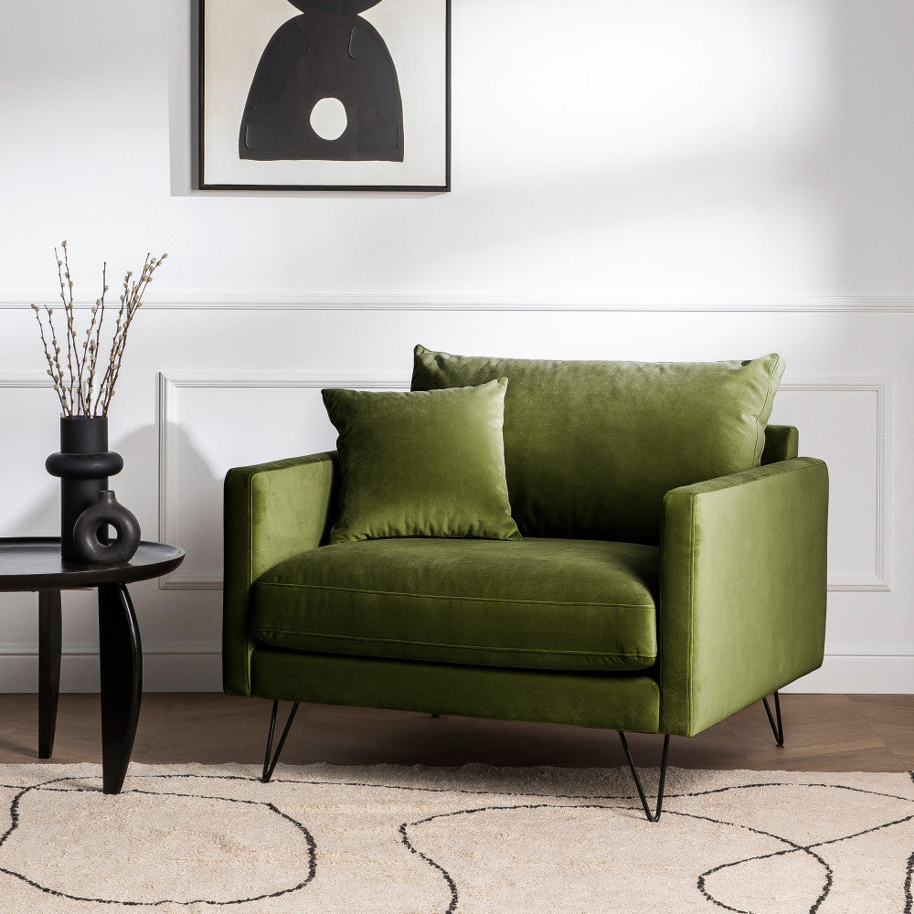 Villabon - XL Armchair - Velvet - Black Hairpin Legs - Olive Green