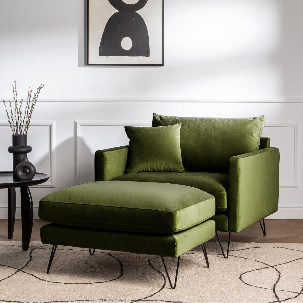 Villabon - XL Armchair - Velvet - Black Hairpin Legs - Olive Green