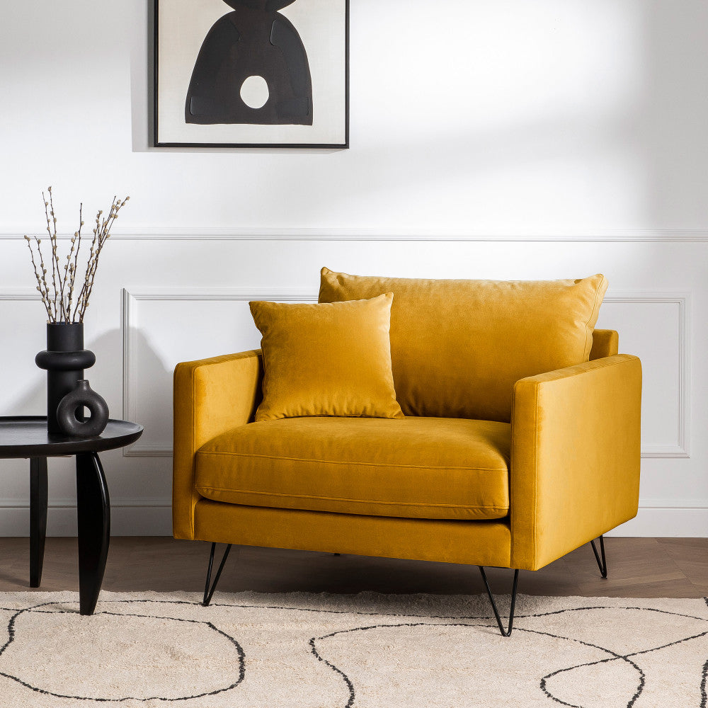 Villabon - XL Armchair - Velvet Black Hairpin Legs - Mustard Yellow