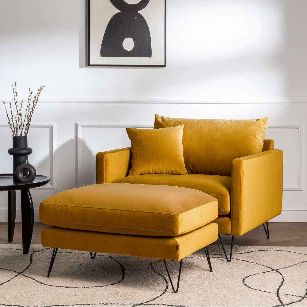 Villabon - XL Armchair - Velvet Black Hairpin Legs - Mustard Yellow