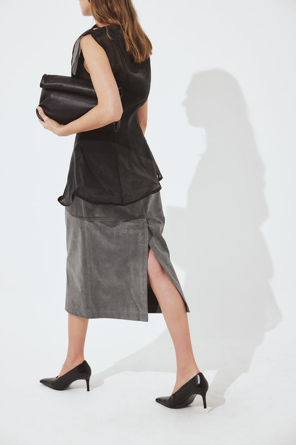 Falda midi de ante sintético-Gris