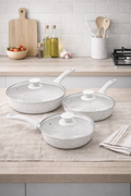 Set of 6 Pieces, Frying Pan Ø 20, 24, 28 cm. With White Wood Handles "Stonewhite"