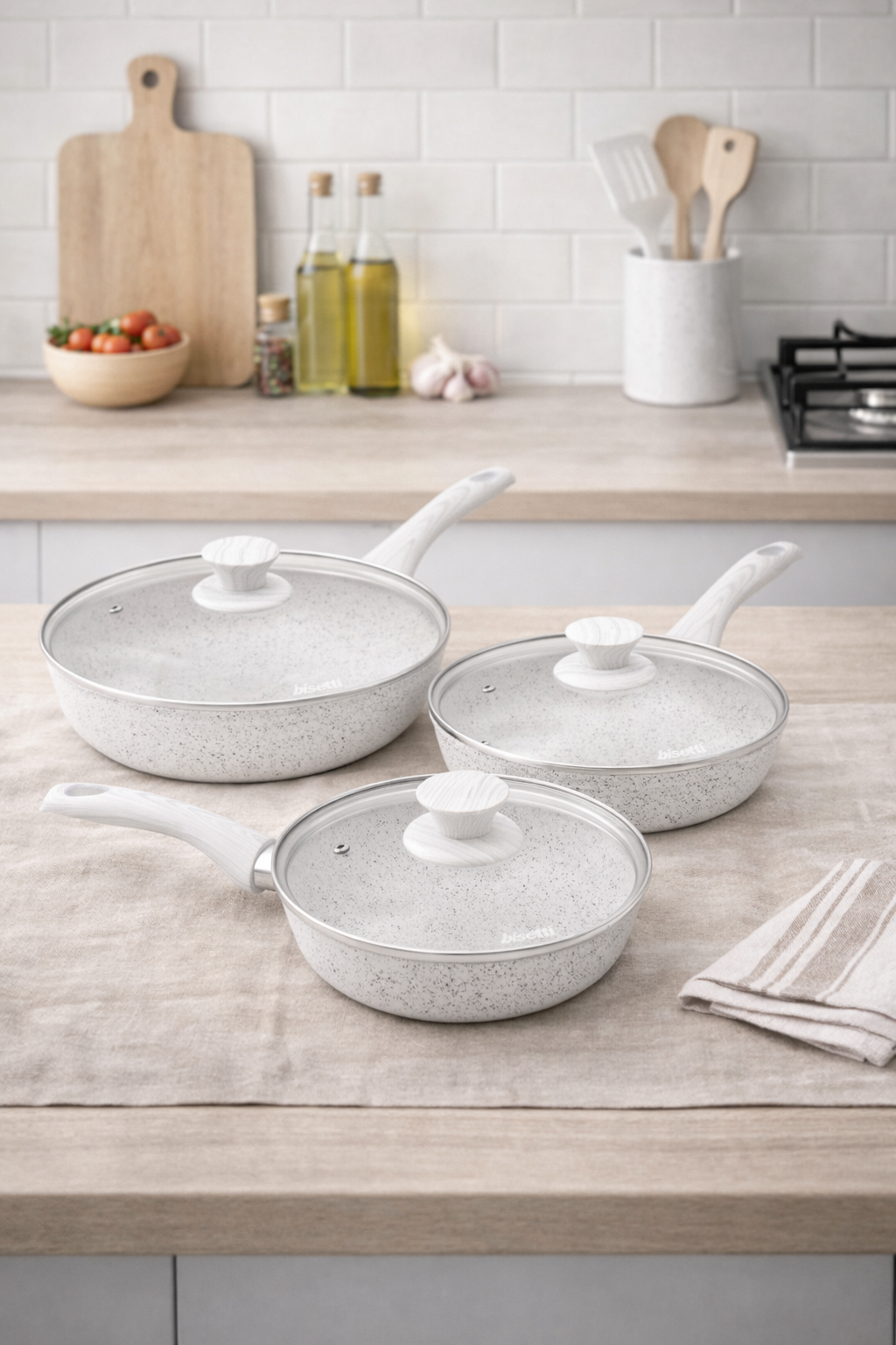 Set of 6 Pieces, Frying Pan Ø 20, 24, 28 cm. With White Wood Handles "Stonewhite"