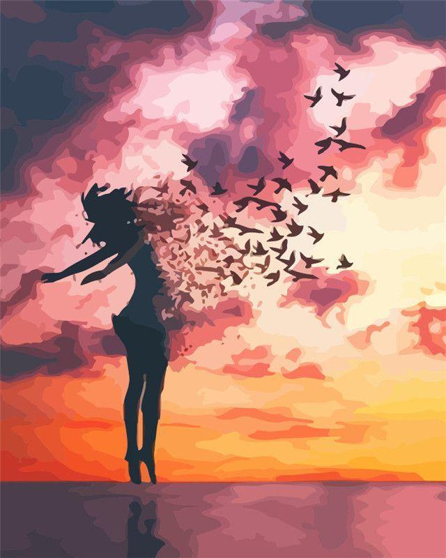 Peinture Par Numéros - Femme Et Oiseaux Au Lever Du Jour
