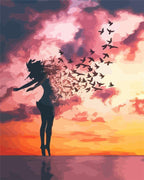 Peinture Par Numéros - Femme Et Oiseaux Au Lever Du Jour