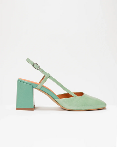 FERNANDO slingbacks in water-green patent leather and azure-blue leather, feminine, elegant and comfortable.