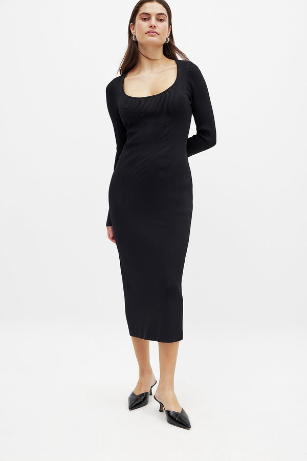 Robe Fine Knitted Trumpet Sleeve Midi - Noir