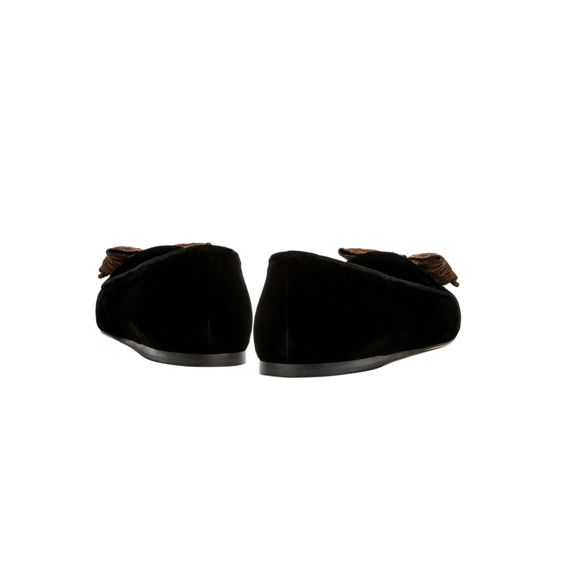 Fiocco Black Velvet Flat Moccasins featuring antique gold embroidered bow, showcasing luxurious craftsmanship and chic design.