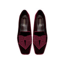 Fiocco burgundy flat moccasin with metallic embroidered bow, handcrafted for comfort and chic fall style.