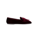 Elegant burgundy flat moccasin with metallic embroidered bow, crafted for comfort and style.