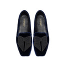 Fiocco Navy Flat Moccasin featuring elegant black embroidered bow on luxurious navy velvet, perfect for chic fall style.