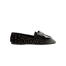 Fiocco Studs Flat Moccasin in black suede with crystal studs and a bow, perfect for chic winter styling.