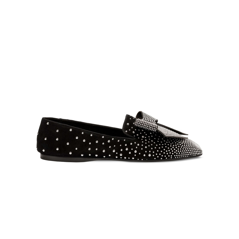 Fiocco Studs Flat Moccasin in black suede with crystal studs and a bow, perfect for chic winter styling.