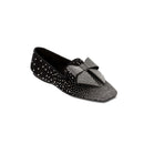 Fiocco Studs Flat Moccasin in black suede with crystal studs and a flamboyant bow, perfect for chic winter outfits.