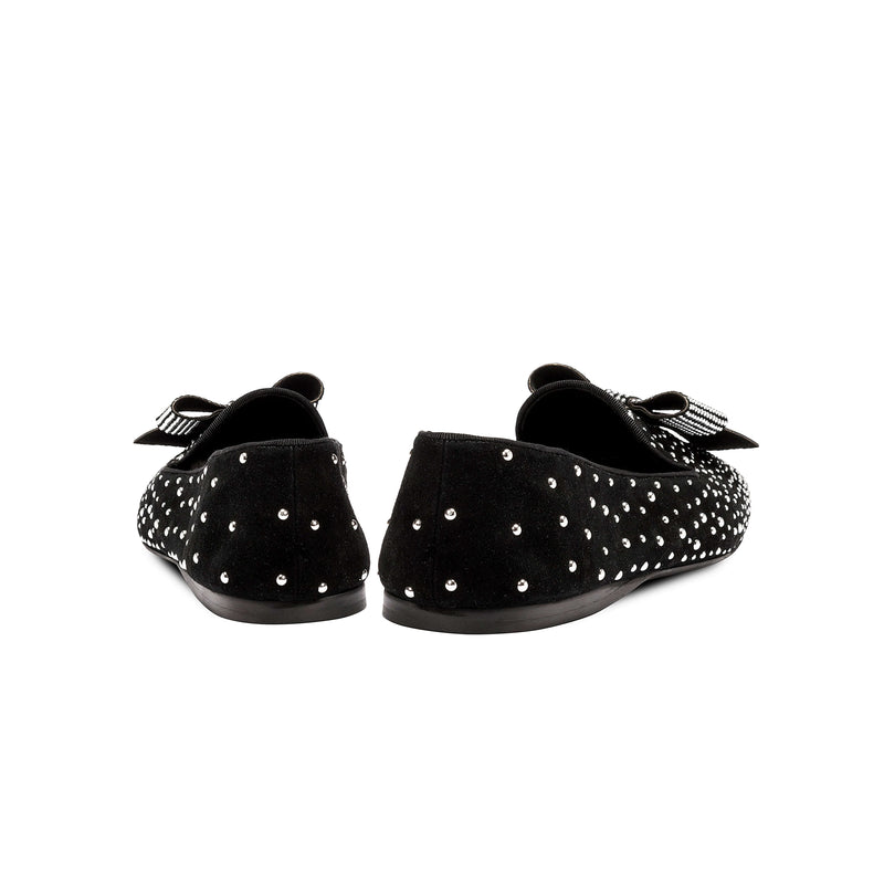 Rear view of Fiocco Studs Flat Moccasin in black suede, adorned with sparkling crystal studs and a studded bow.