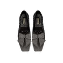 Fiocco Studs Flat Moccasin in black suede with crystal studs and a studded bow, ideal for chic winter styling.
