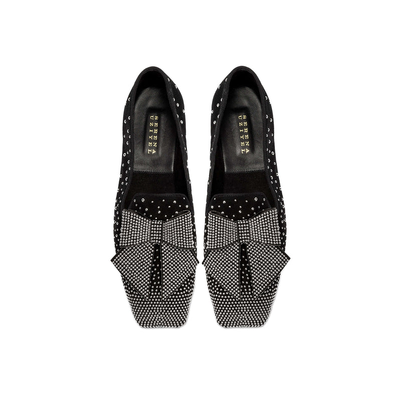 Fiocco Studs Flat Moccasin in black suede with crystal studs and a studded bow, ideal for chic winter styling.