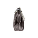 Side view of the Fiora Electrum Pouch Bag, showcasing its elegant silver flower embellishment on a satin finish.