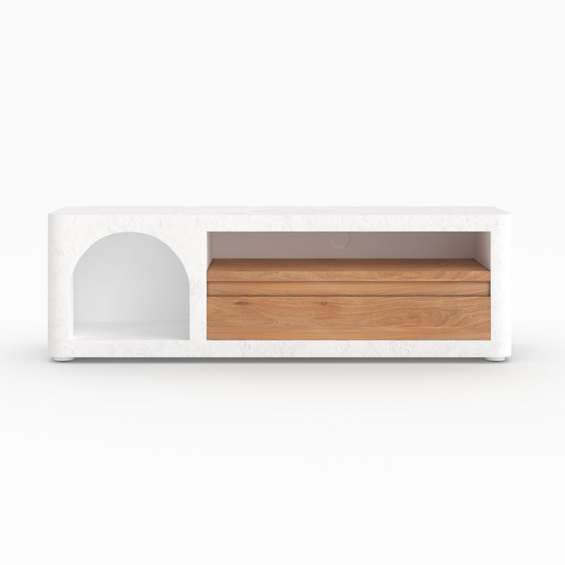 Meuble TV Fira en plâtre blanc cassé 140 cm avec tiroir