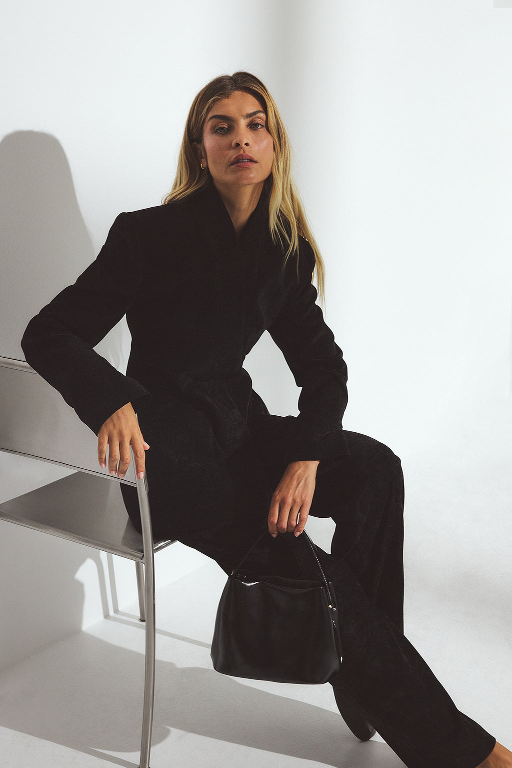 Blazer Fitted High Collar Chenille - Noir