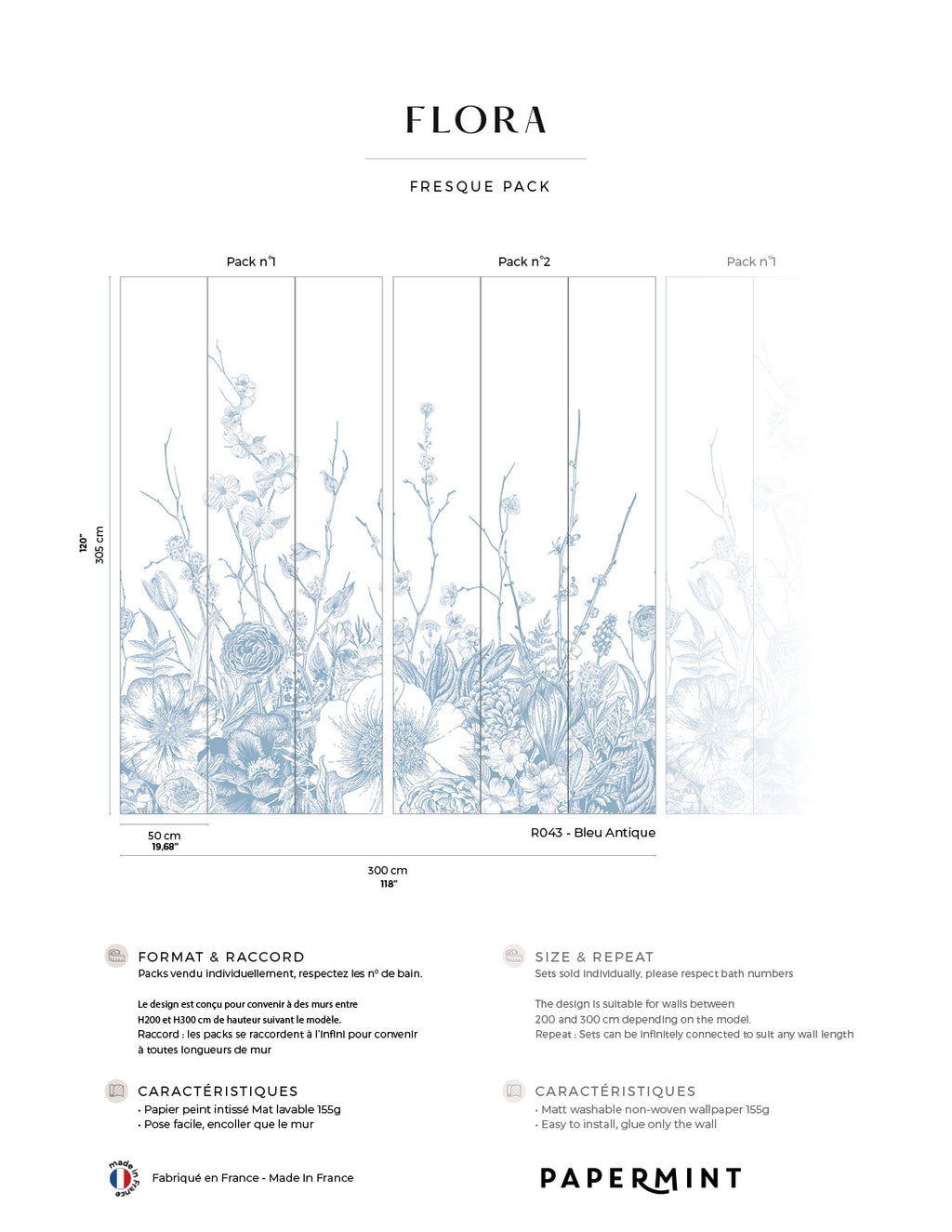 Muurschildering Flora - Bleu Antique