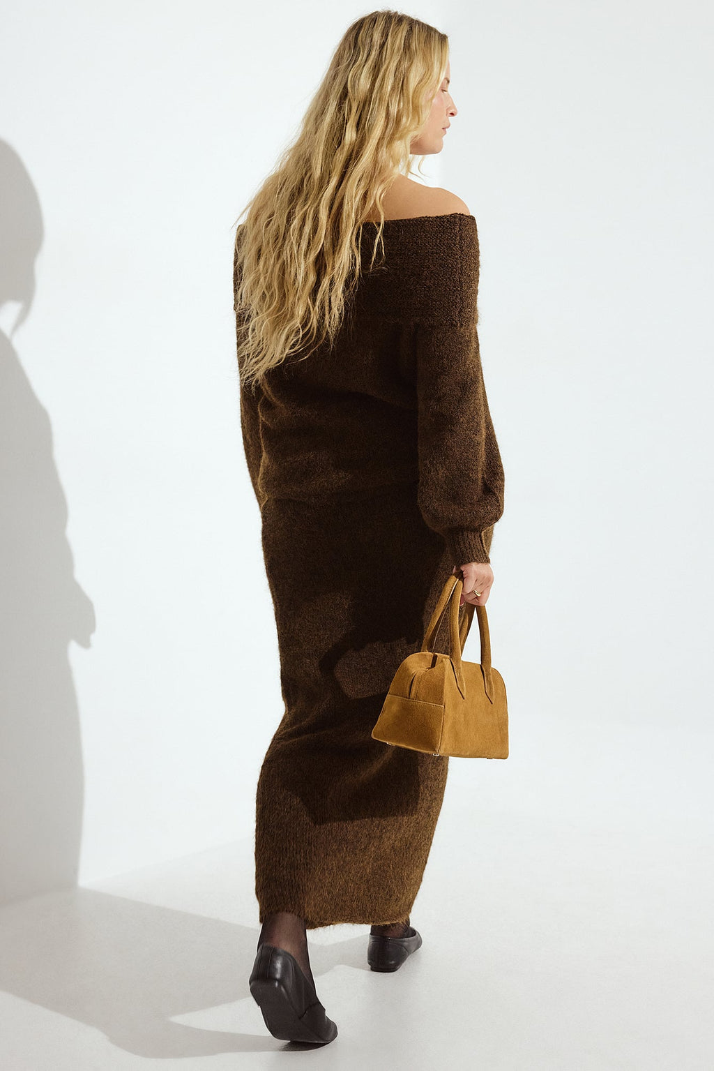 Jupe Longue En Maille À Taille Pliée Marron