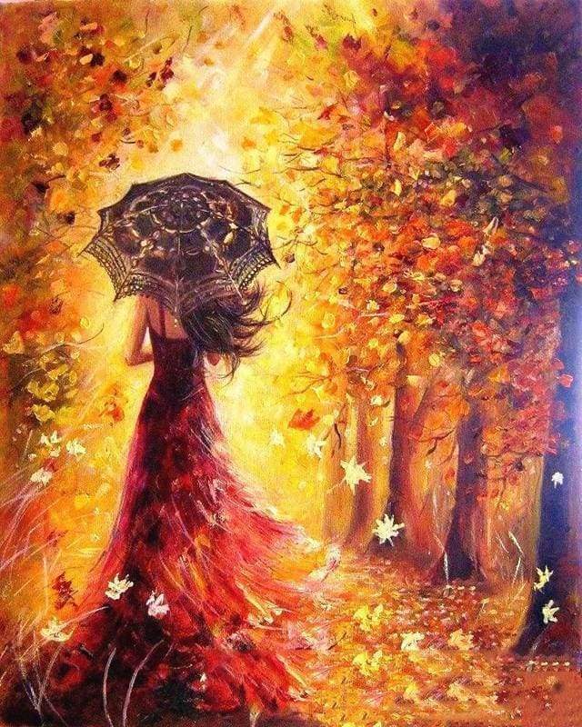 Peinture Par Numéros - Forêt D'Automne Et Femme Au Parapluie