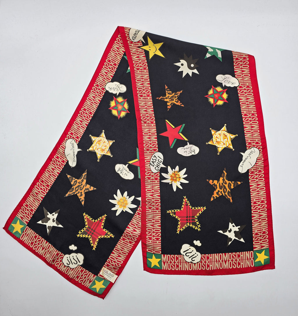Foulard Moschino Vintage En Soie Motifs Étoiles & Logo