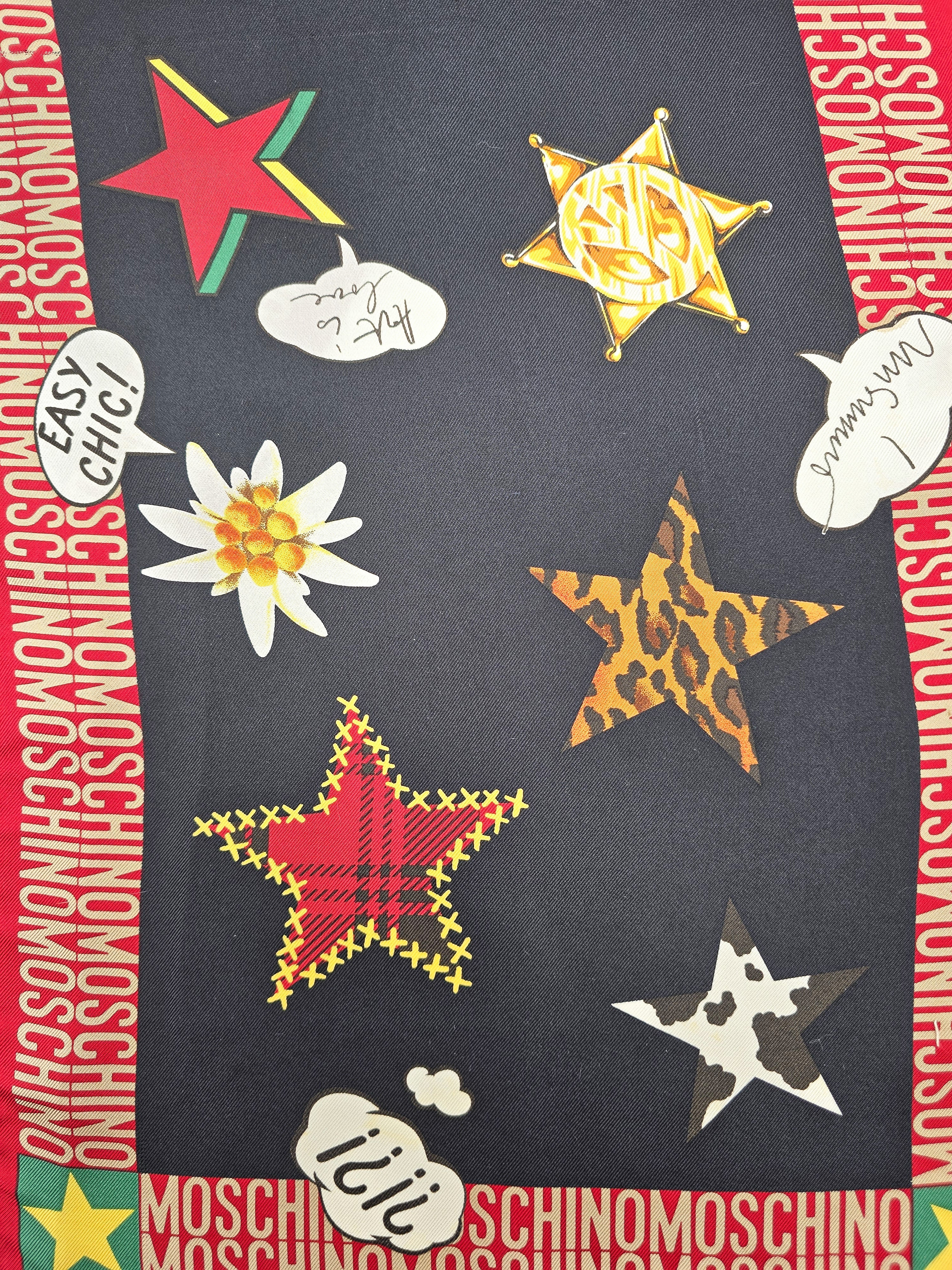 Foulard Moschino Vintage En Soie Motifs Étoiles & Logo