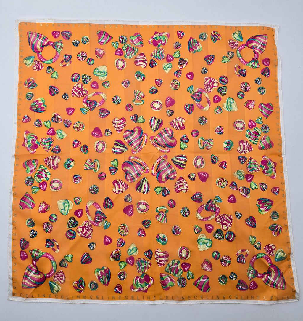 Vintage Céline Orange Bandana Scarf with Multicoloured Hearts and Rings Pattern