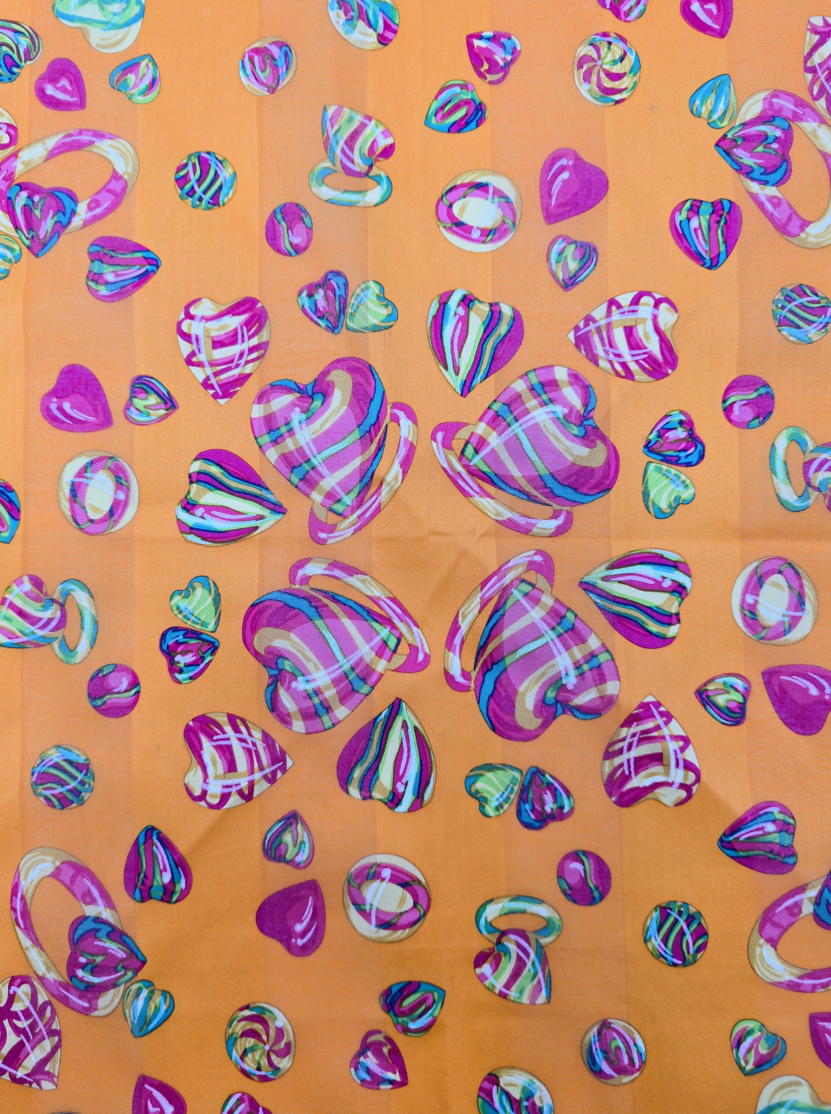 Vintage Céline Orange Bandana Scarf with Multicoloured Hearts and Rings Pattern