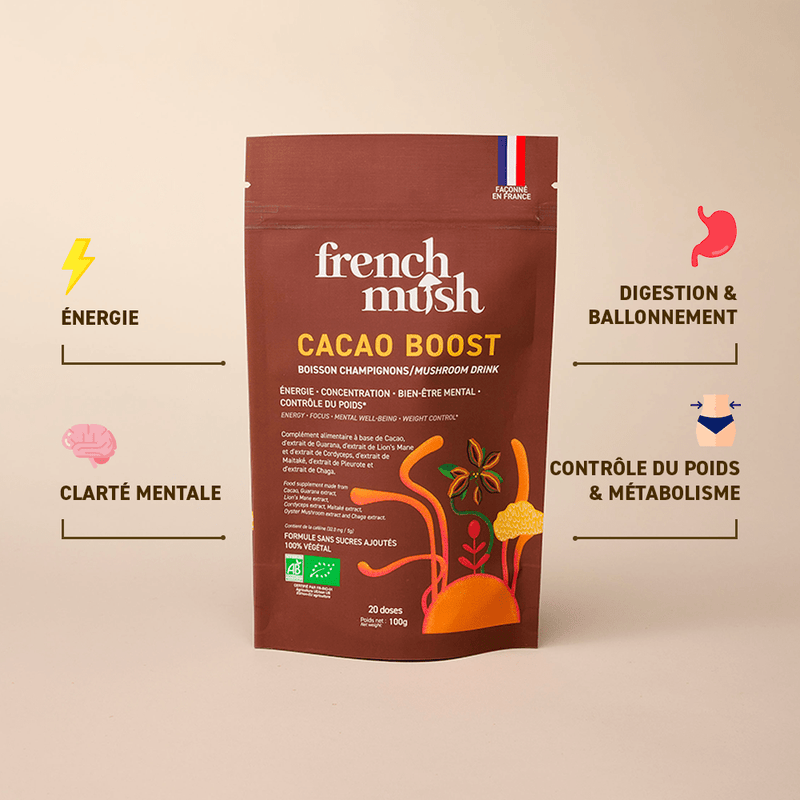 French Mush compléments alimentaires à base d'extraits de champignons médicinaux biologiques fabriqués en France Boisson Boost Bio · Cacao - boisson -