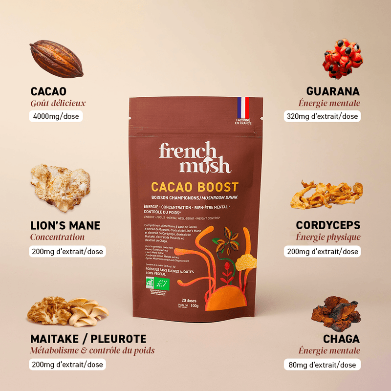 French Mush compléments alimentaires à base d'extraits de champignons médicinaux biologiques fabriqués en France Boisson Boost Bio · Cacao - boisson -