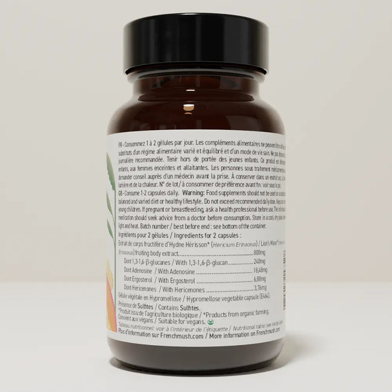 French Mush compléments alimentaires à base d'extraits de champignons médicinaux biologiques fabriqués en France Le Lion’s Mane - Concentration - gélules Bio - gélules -