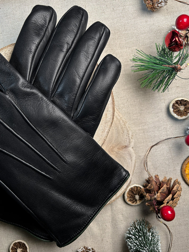 Gants En Cuir Noirs Doublure Cachemire - Verte